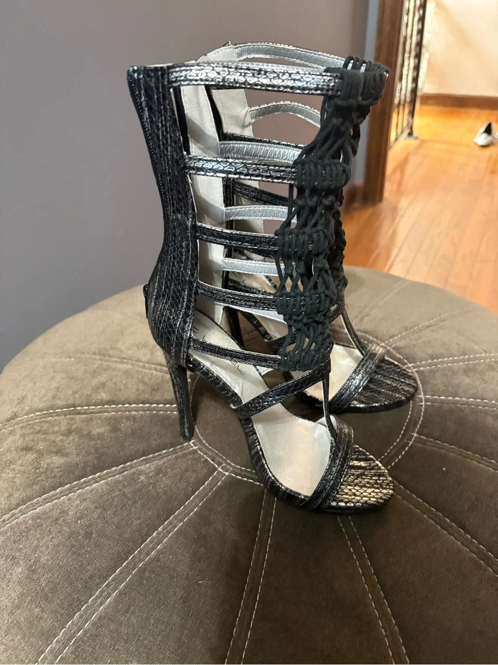 Women's Black Strappy High Heel Sandal with Woven Front